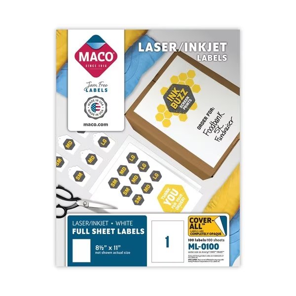 Laser/Inkjet ID Label, 8.5x11, White, PK100, MACO, Mfr# ML0100